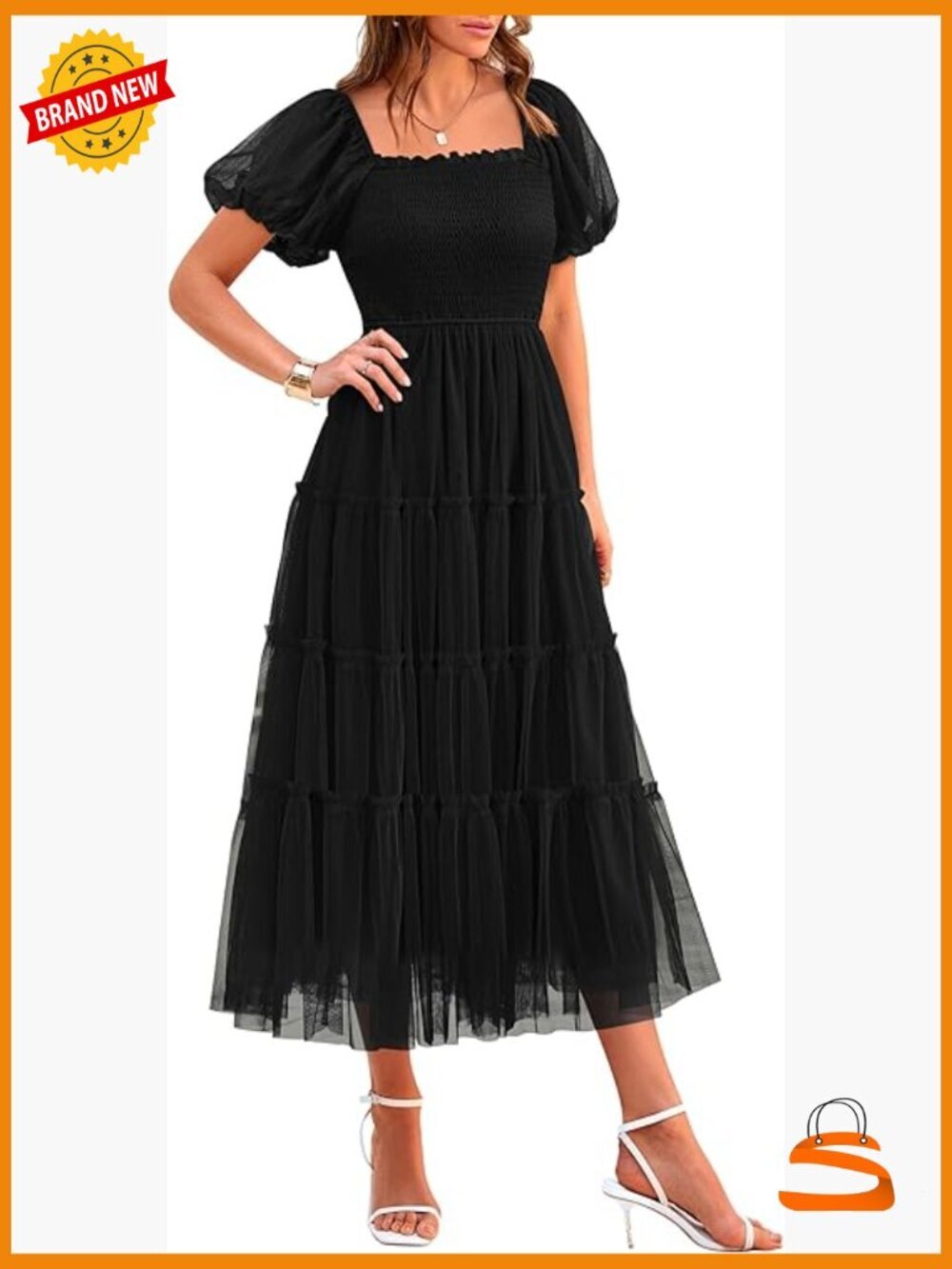 Smocked Midi Tulle Puff Sleeve Square Neck Ruffle Wedding Guest Dress